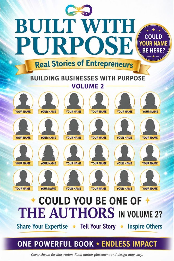 The Built with Purpose Volume 2 cover, showing author photo positions and the question Could your name be here?